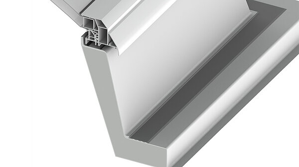 3D-Schnittdarstellung eines Aluminium-Dachfensterrahmens mit Mehrfachverglasung und Profilquerschnitt