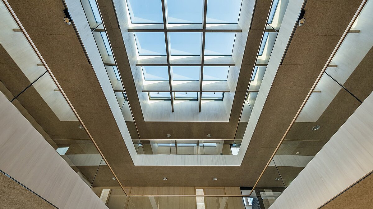 Blick nach oben durch ein Glasdach im Grünen Zentrum Immenstadt mit moderner Holz- und Glasarchitektur.