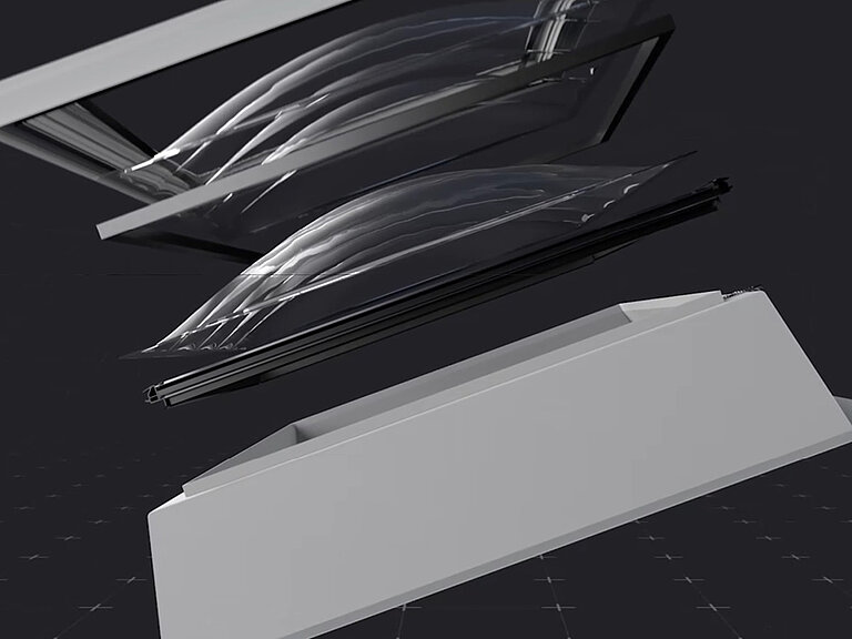 Explosionsdarstellung mehrerer gewölbter Dachverglasungselemente und einer Grundplatte vor dunklem Hintergrund