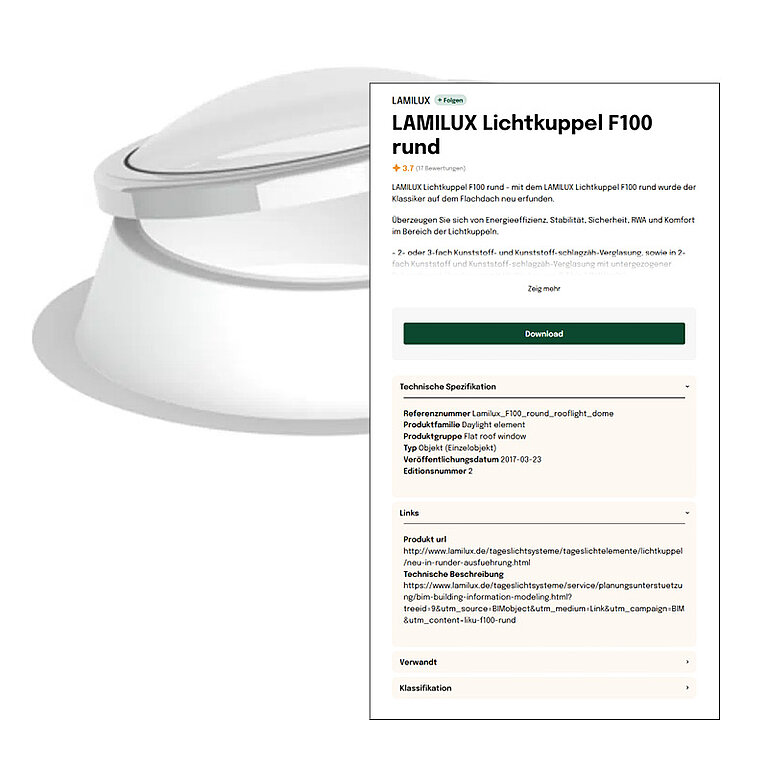 Produktdarstellung einer runden Dachoberlichtlösung mit daneben angezeigter digitaler Informations- und Auswahloberfläche