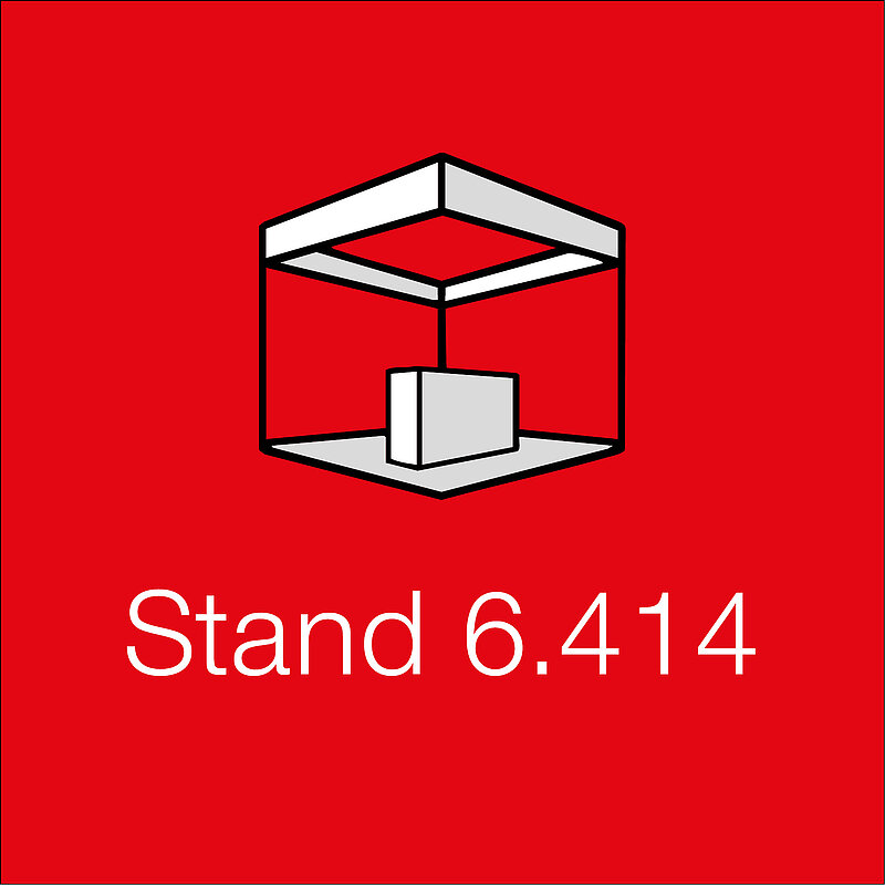 Grafisches Icon eines Messestands auf rotem Hintergrund mit der Beschriftung ‚Stand 6.414‘