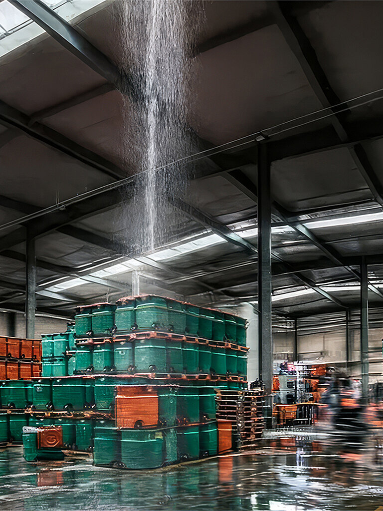Blick in eine Lagerhalle mit Fässern bei der Wasser durchs Dach ins Innere fließt