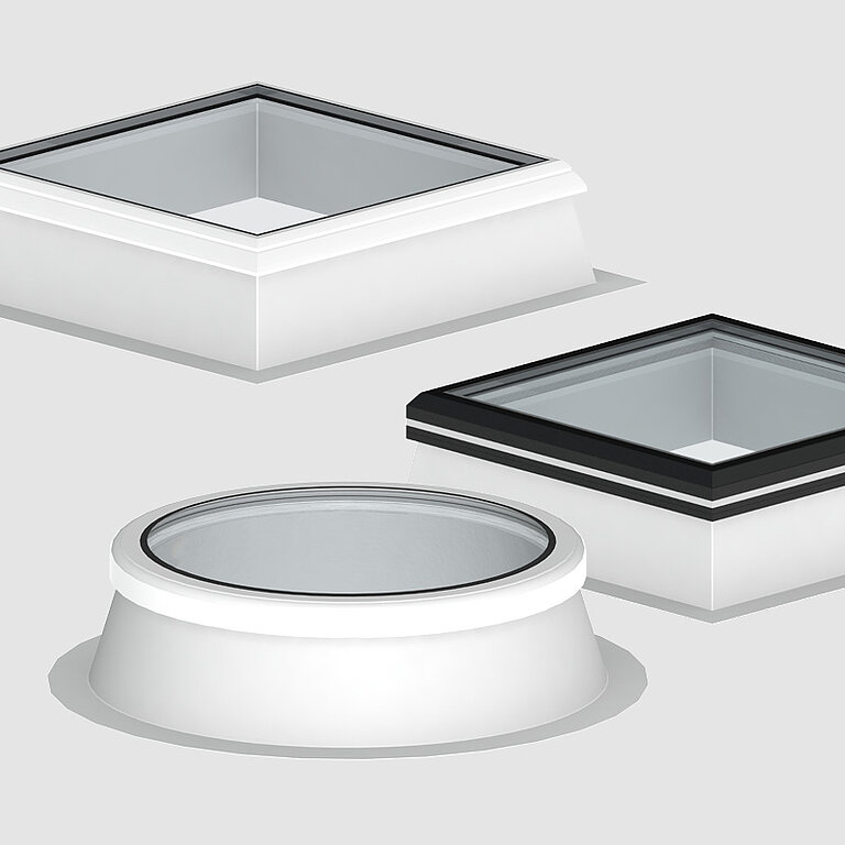 Darstellung verschiedener Dachoberlichter in quadratischer und runder Ausführung mit Aufsatzrahmen und Verglasung, freigestellt auf hellem Hintergrund