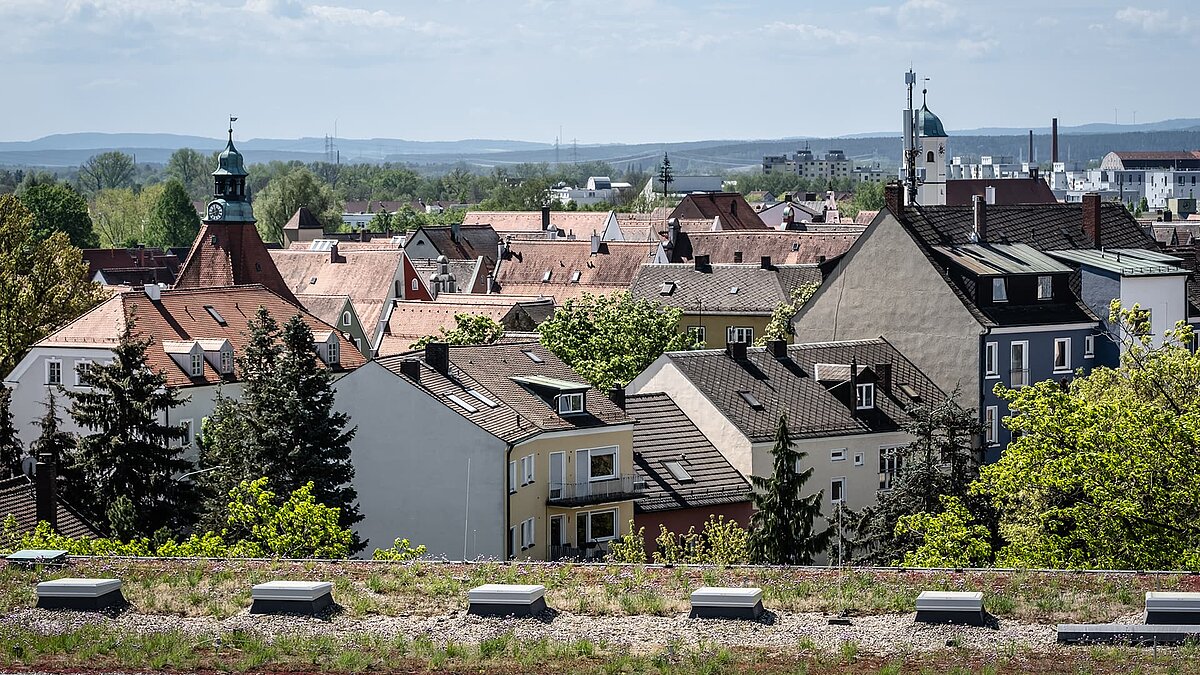 Blick vom Dach des Landgerichts Weiden mit begrüntem Dach und kleinen Oberlichtern, im Hintergrund historische Gebäude und Dächer der Stadt.