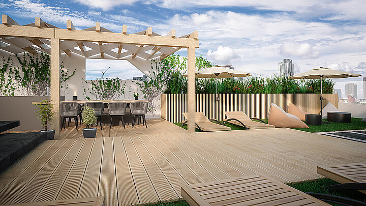 Moderne Dachterrasse mit Holzpergola, Sitzbereich und dekorativem Bodenbelag