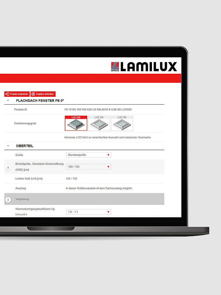 Laptop mit geöffneter webbasierten Benutzeroberfläche von LAMILUX, die ein Formular mit Auswahlfeldern und Konfigurationsoptionen anzeigt