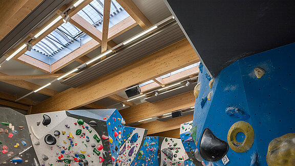 Professionelle Boulderhalle mit farbigen Kletterrouten, verschiedenen Wandneigungen und Holzbalkendecke mit Lichtbändern