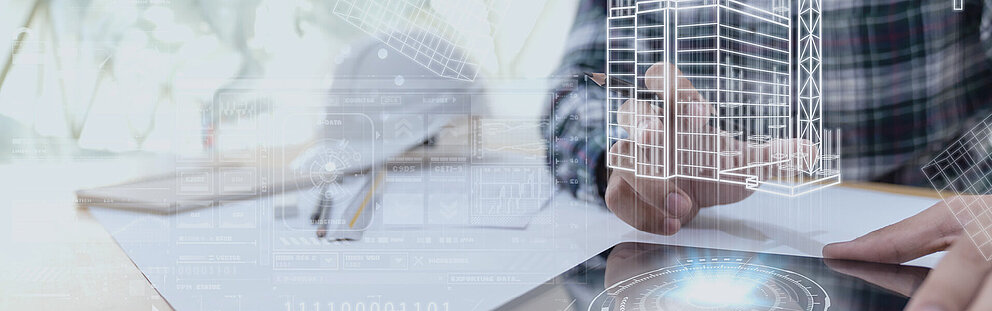 Digitale BIM-Technologie in der Architektur Architekt hält digitales 3D-Gebäudemodell mit BIM-Daten und holografischer Bauplanung auf Tablet