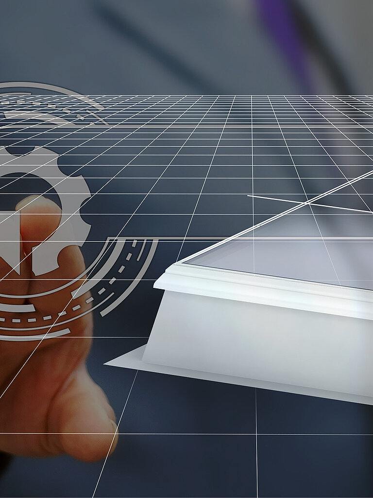 Hand mit Stift zeichnet technische Skizzen über einem digitalen Modell eines Flachdach Fensters