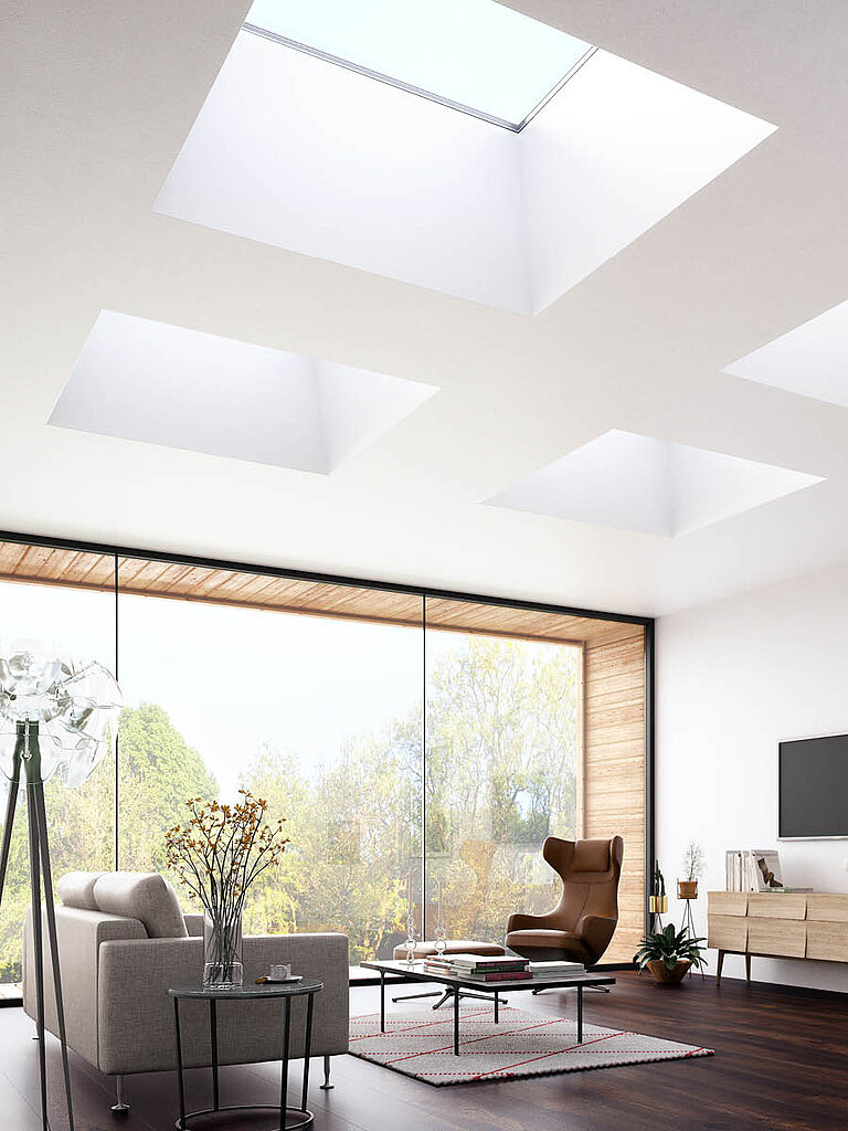 LAMILUX Flachdach Fenster FE im Wohnraum, viel Tageslicht durch Dachfenster