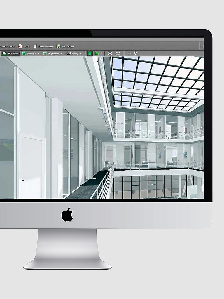 Desktop-Computer mit geöffneter Visualisierungssoftware, die eine Innenraumansicht mit Dachverglasung und architektonischer Struktur darstellt
