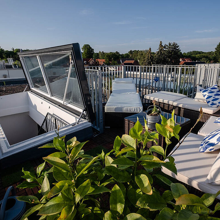Geöffneter LAMILUX Flachdach Ausstieg Komfort Swing auf begrüntem Dach mit seitlich schwenkender Verglasung, Geländer und direktem Zugang zur Dachfläche