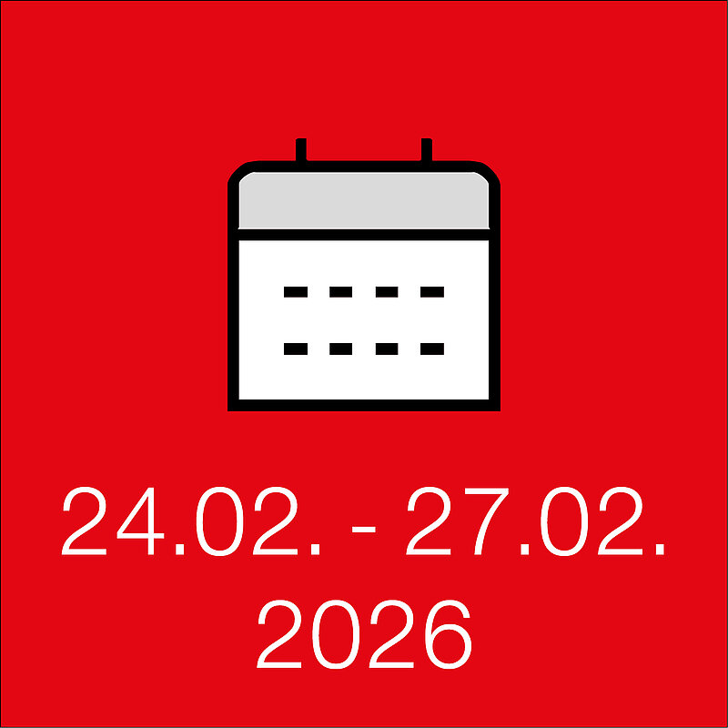Grafische Darstellung eines Kalendersymbols auf rotem Hintergrund mit dem Datum 24.02.–27.02.2026