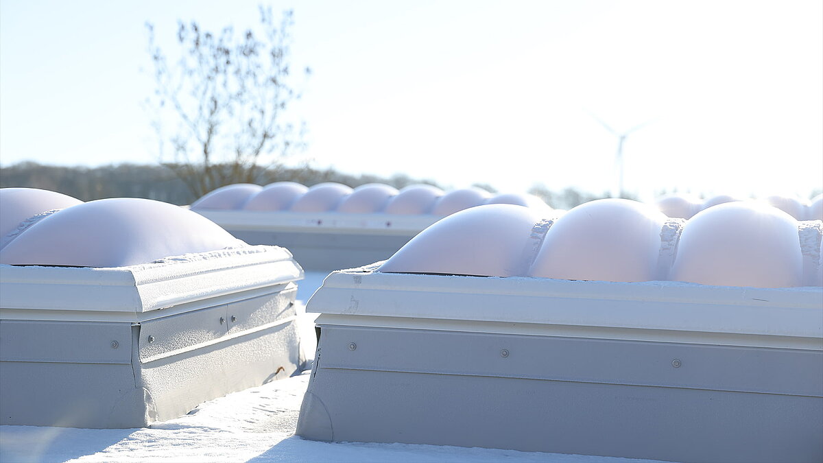 Mehrere F100W Lichtkuppeln, die vom Schnee bedeckt sind.