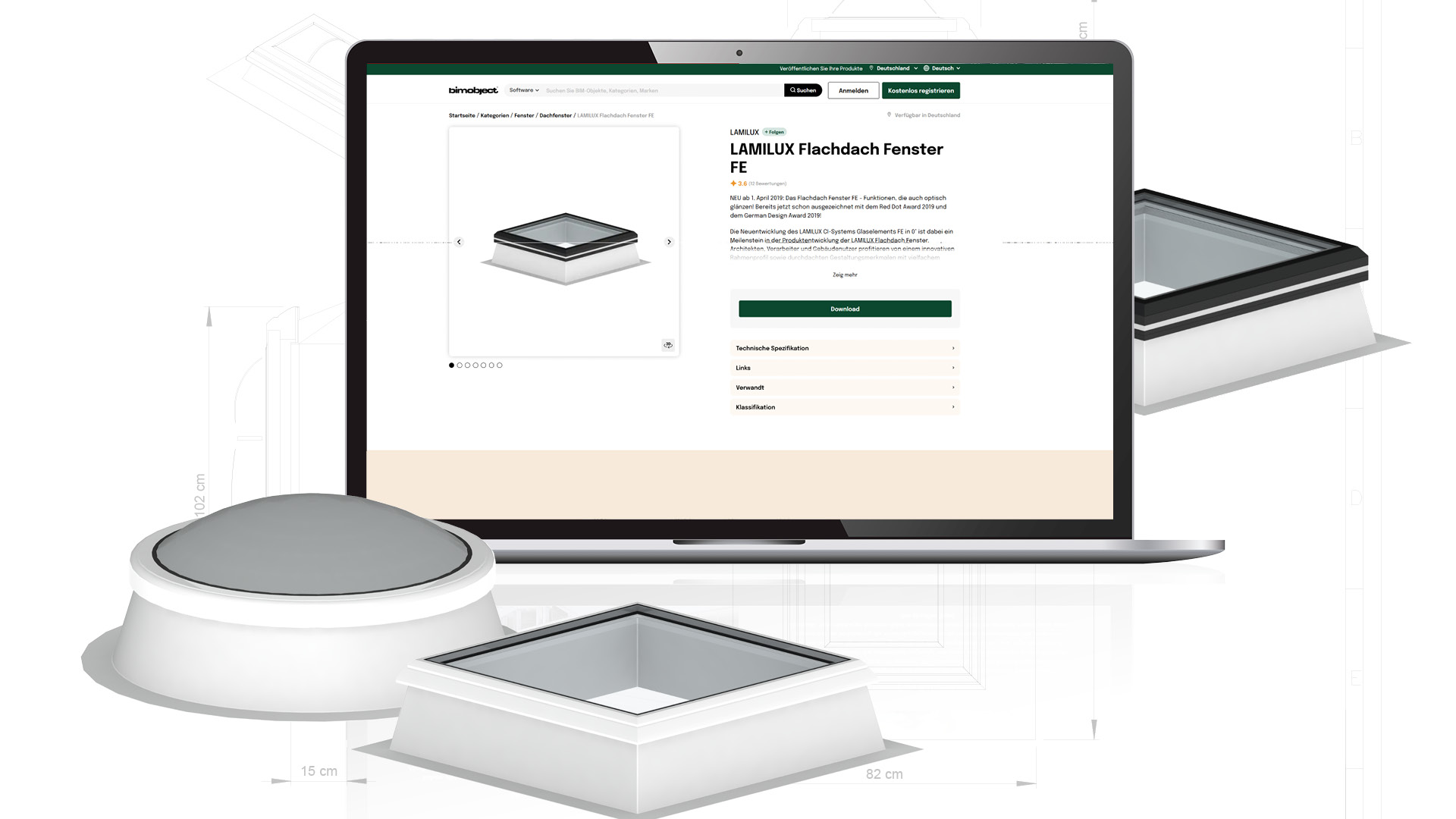 Laptop mit geöffneter webbasierten Konfigurationsoberfläche, kombiniert mit Darstellungen verschiedener Dachoberlicht-Produkte