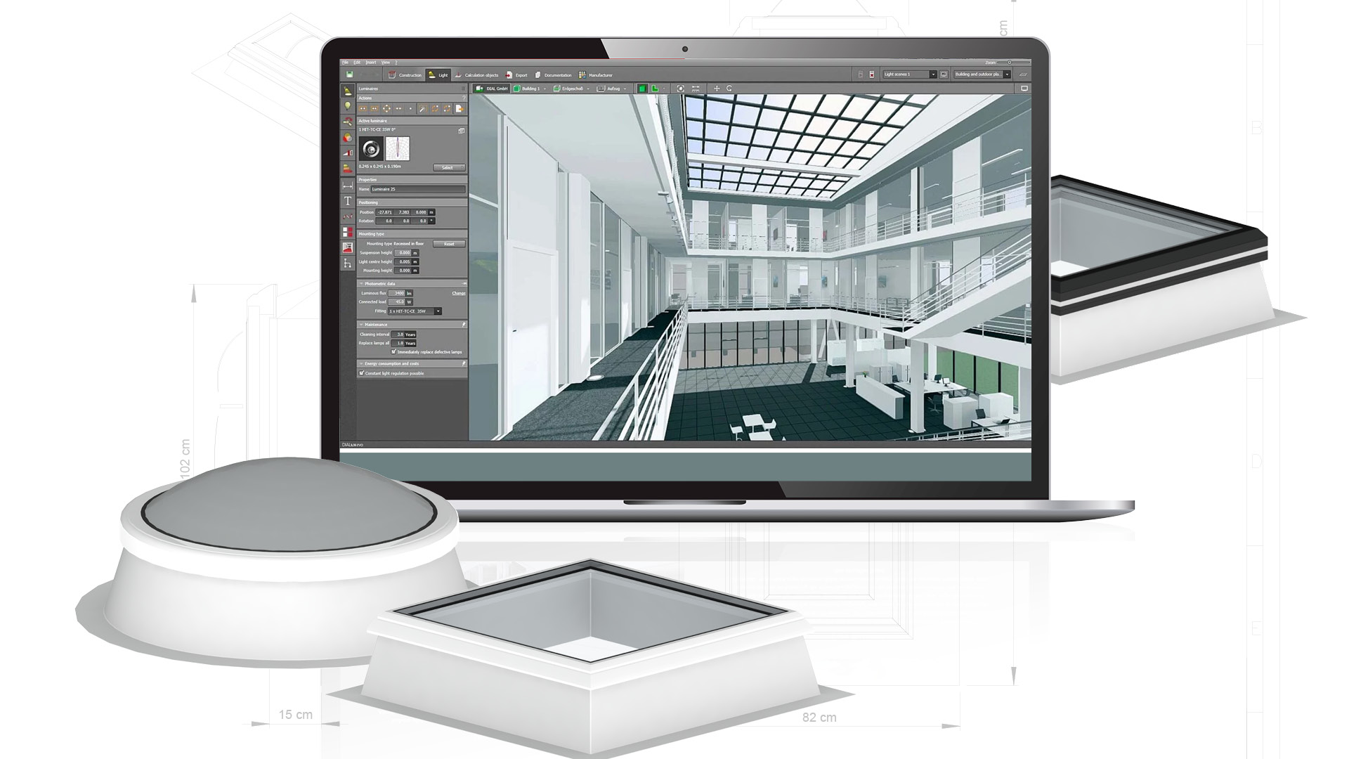 Laptop mit geöffneter Konfigurations- und Visualisierungssoftware, kombiniert mit Darstellungen verschiedener Dachoberlicht-Produkte auf hellem Hintergrund