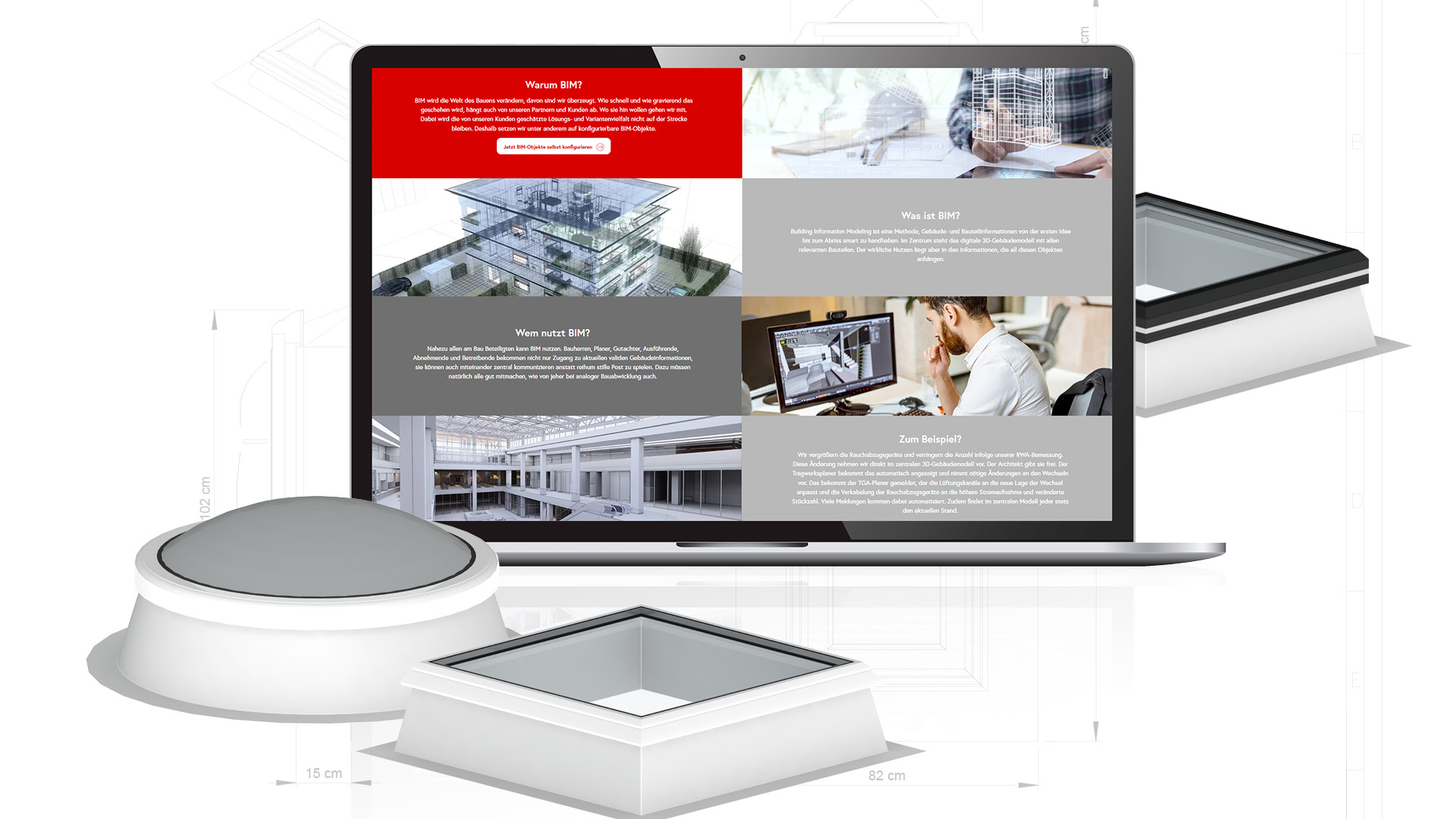 Produktkonfigurator auf Desktop-Computer zur digitalen Auswahl und Konfiguration von Dach- und Tageslichtsystemen mit visueller Darstellung